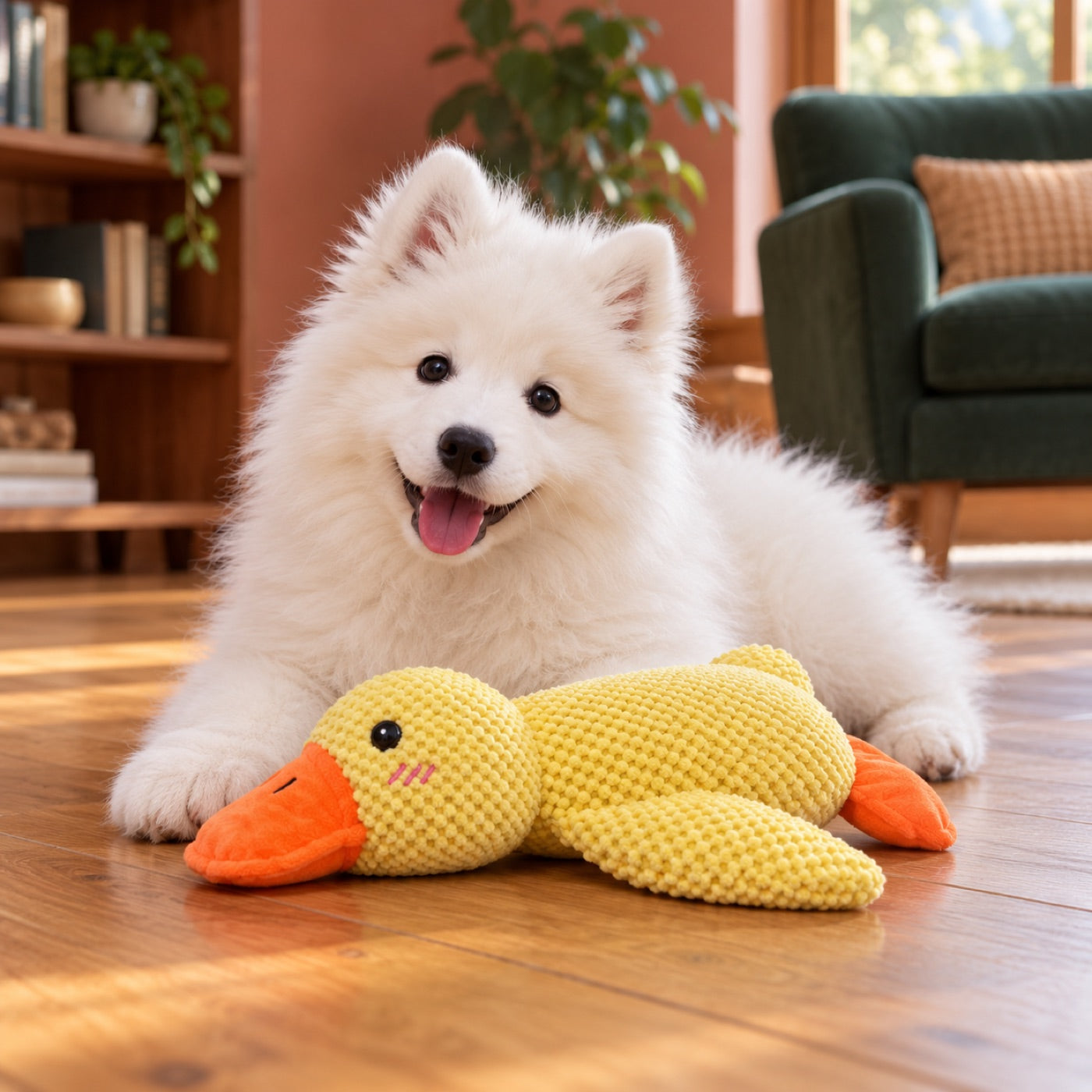 Cachorro de samoyedo tumbado con el patito de peluche Pawora